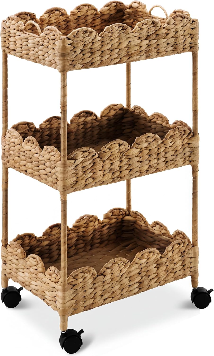 Best Choice Products 3-Tier Scalloped Nursery Caddy w/Wheels, Handwoven Utility Cart, Storage Organization for Bathroom, Craft Room, Laundry Room - Chestnut