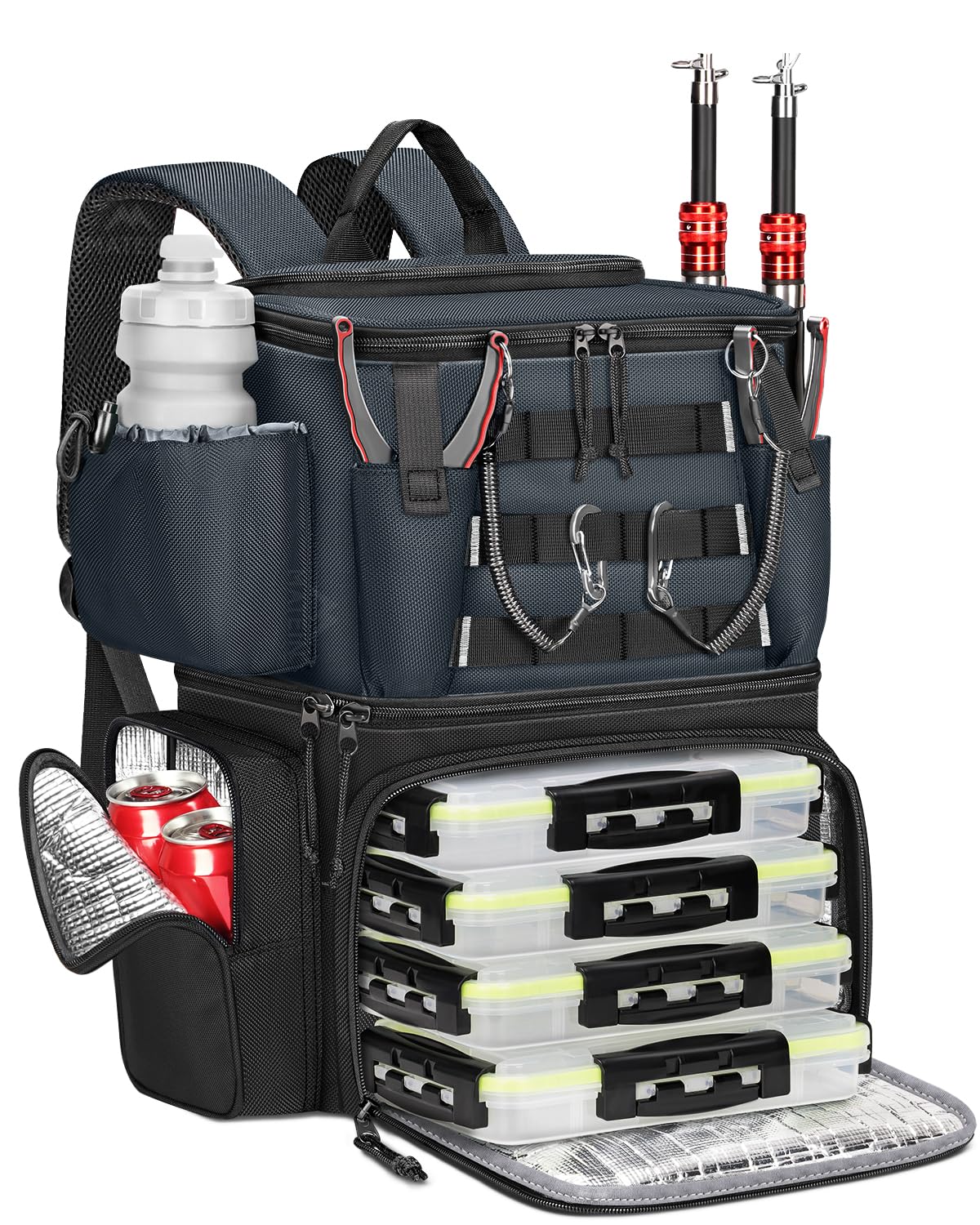 MATEIN Fishing Backpack with 4 Tackle Boxes, Fishing Bag with Rod Holder