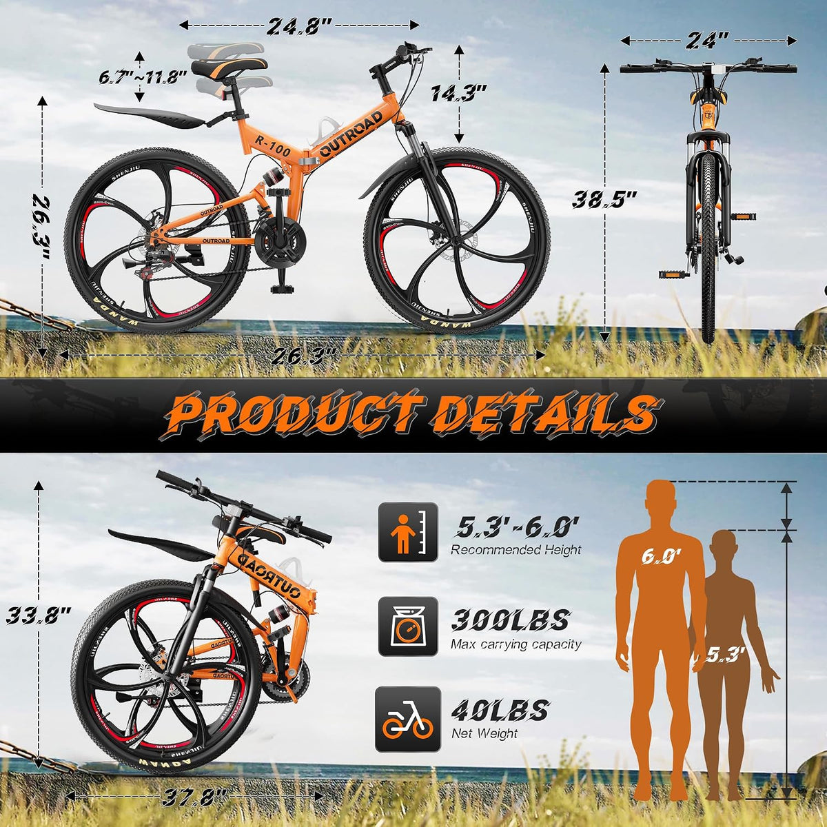 Betterland 26 Inch Adult Folding Mountain Bike, 21 Speeds Full Suspension Foldable Bikes, Dual Disc Brake, High Carbon Steel Frame Bicycle for Men Women
