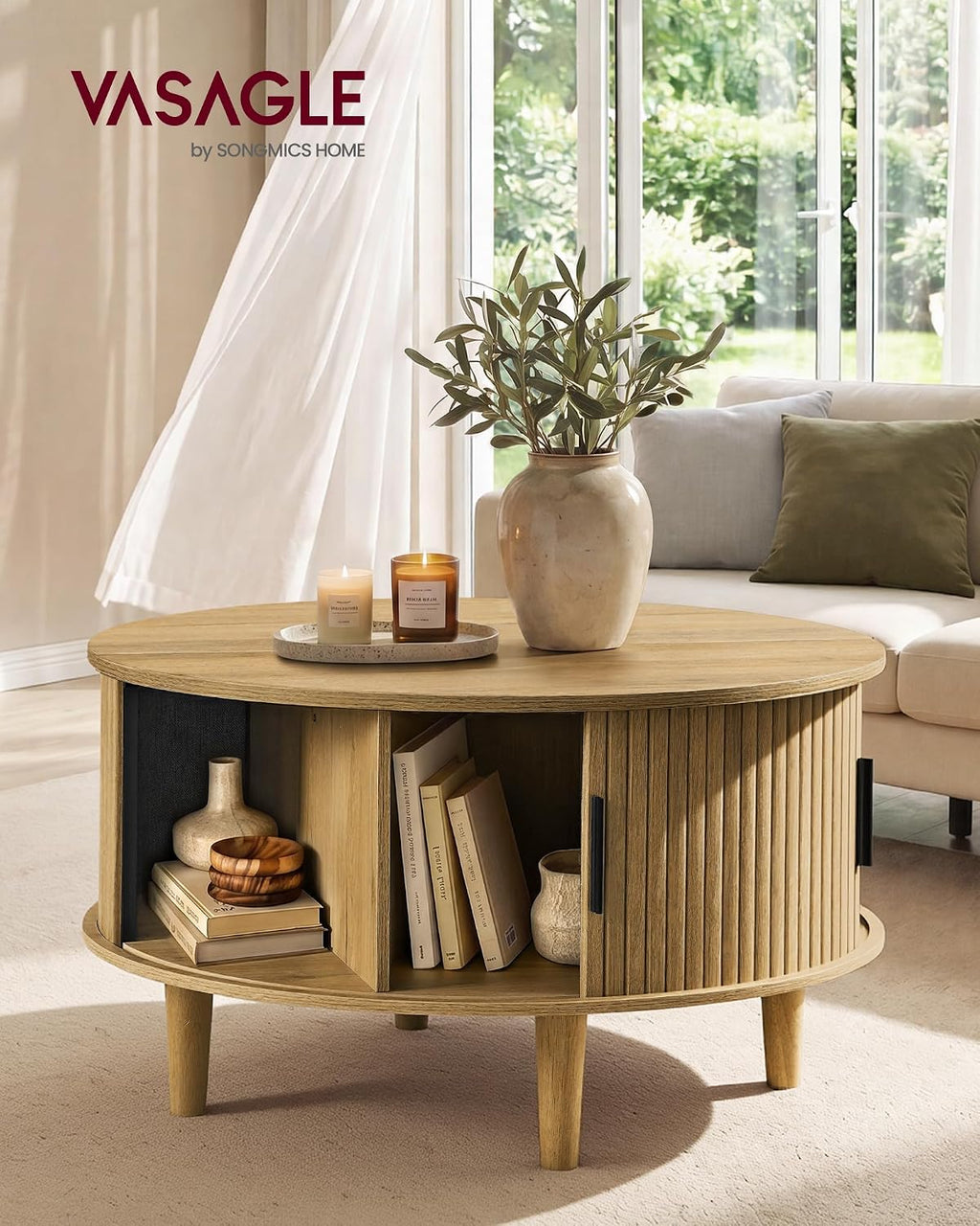 VASAGLE Round Coffee Table, Lift Top Coffee Table with Tambour Sliding Door