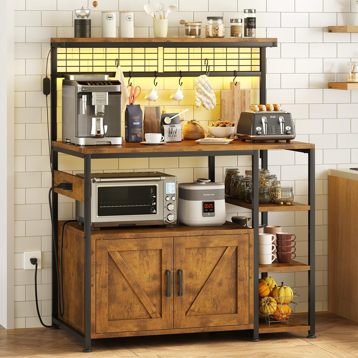 TVU Bakers Rack with Power Outlet and LED Light, Microwave Stand with Storage Cabinet, Coffee Bar Cabinet Station with 6 Hooks for Kitchen, Dining Room, Living Room, Coffee Bar, Rustic Brown, Black