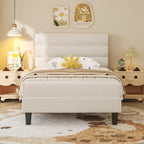 Fluest Queen Bed Frame, Platform Bed Frame with Velvet Upholstered Headboard, No Box Spring Needed, Sturdy Metal Support, Noise Free, Easy Assembly, Modern Bedroom Furniture, Beige