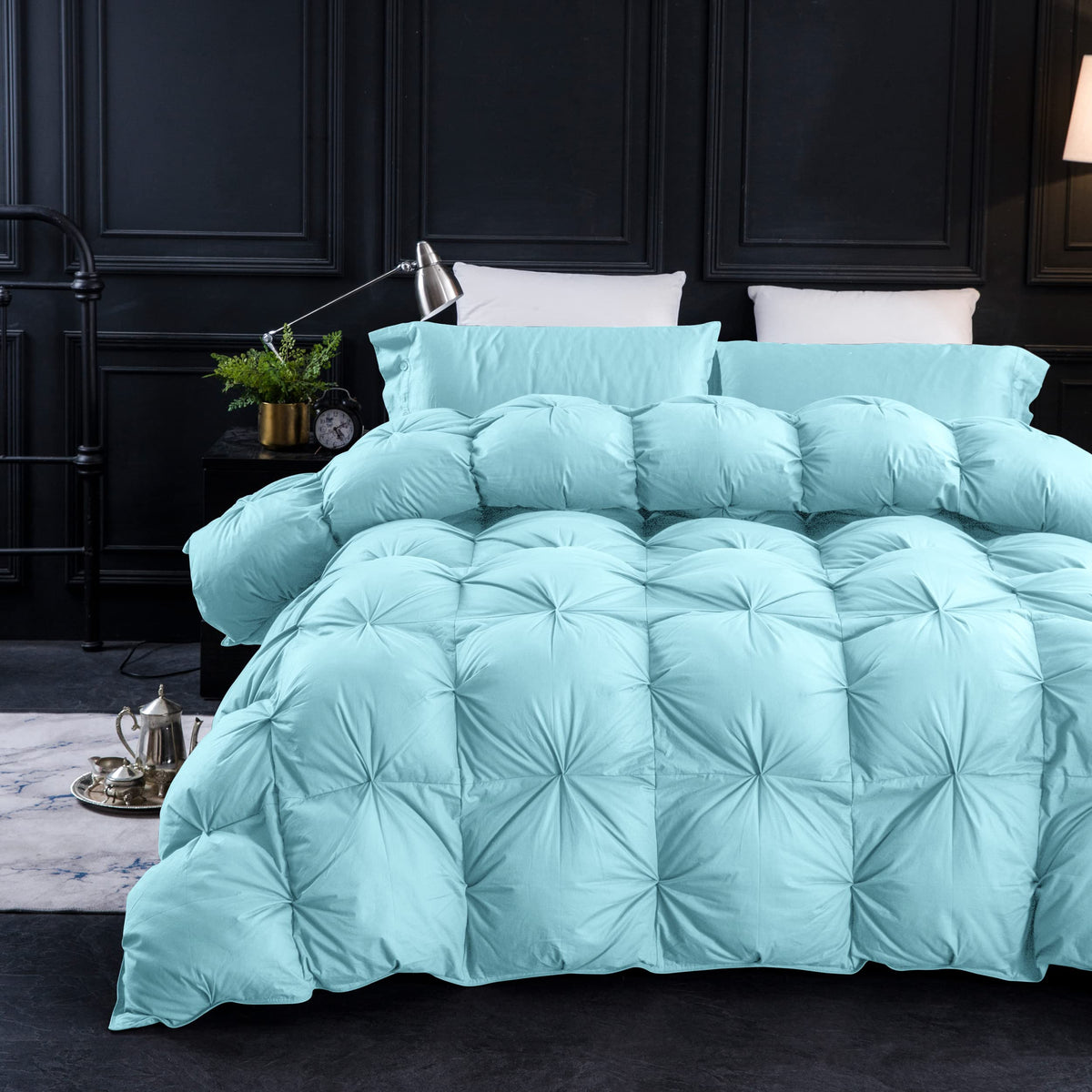 Three Geese Pinch Pleat Waterfowl Feathers and Down Comforter Queen Size Duvet Insert, 1200TC 100% Cotton Fabric, Premium All Seasons BlackGrey Warm Hotel Comforter with 8 Tabs.