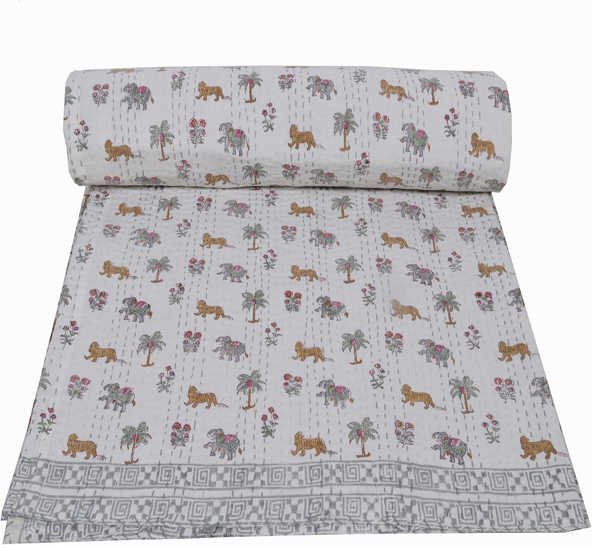 YUVANCRAFTS Indian Hand Block Print Kantha Quilt Queen Size Bedspread Blanket Cotton Bed Cover Vintage Boho Floral Print (Queen 90 X 108 Inch, White 3)