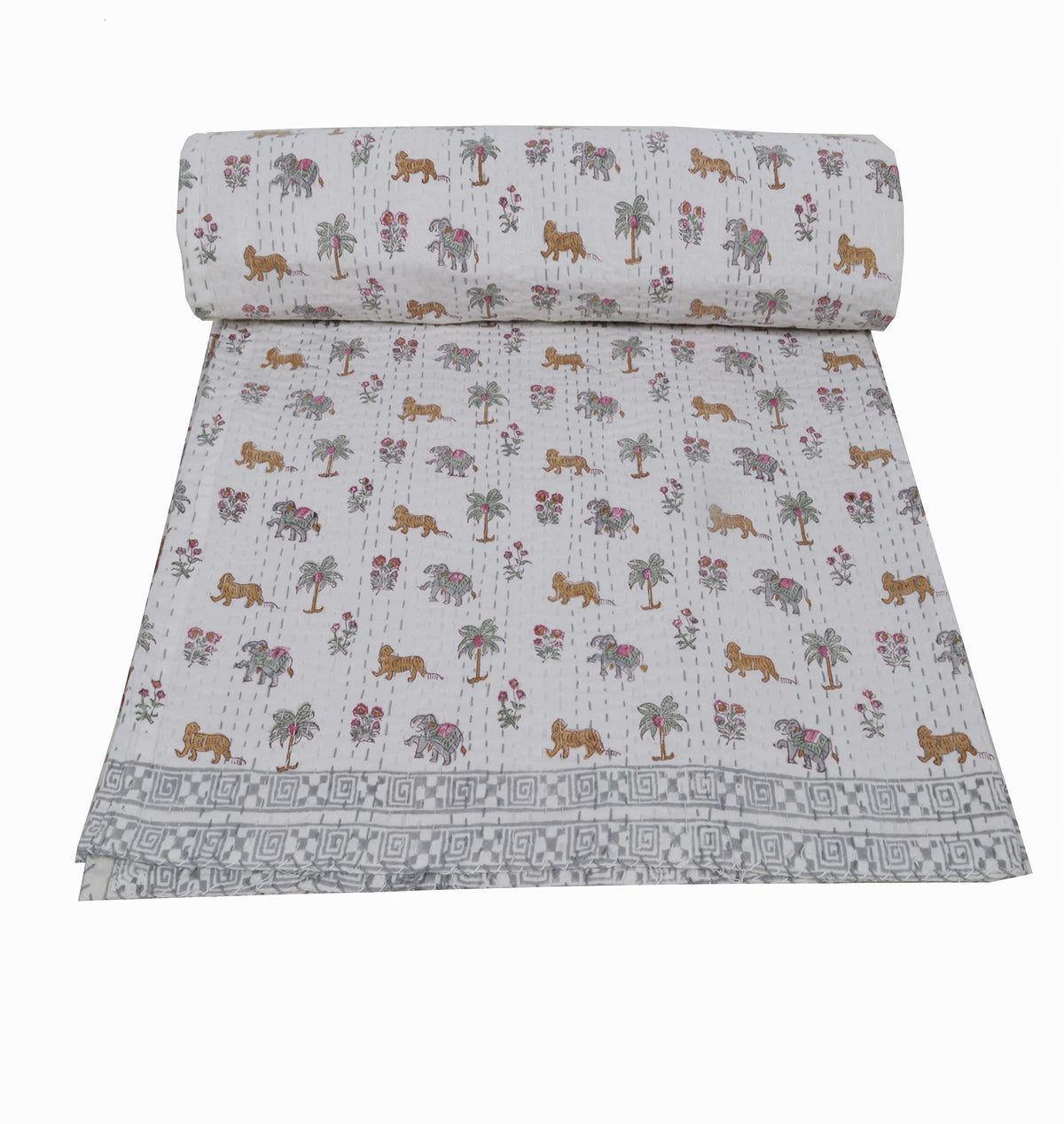 YUVANCRAFTS Indian Hand Block Print Kantha Quilt Queen Size Bedspread Blanket Cotton Bed Cover Vintage Boho Floral Print (Queen 90 X 108 Inch, White 3)