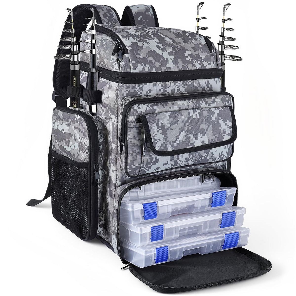 Fishing Tackle Backpack With Rod Holders,45L Large Tackle Bag & Fishing Tackle Backpack for Fishing,Camping, Hiking,Camouflage Blue