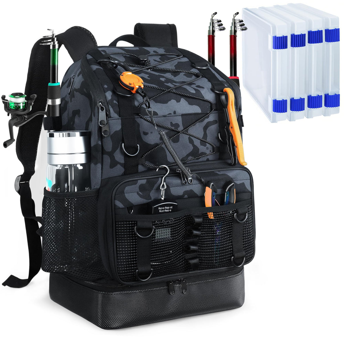Fishing Backpack with Rod Holder, Heavy Duty Fishing Bag with Waterproof Bottom, Tackle Backpack Gifts for Man Woman-Black