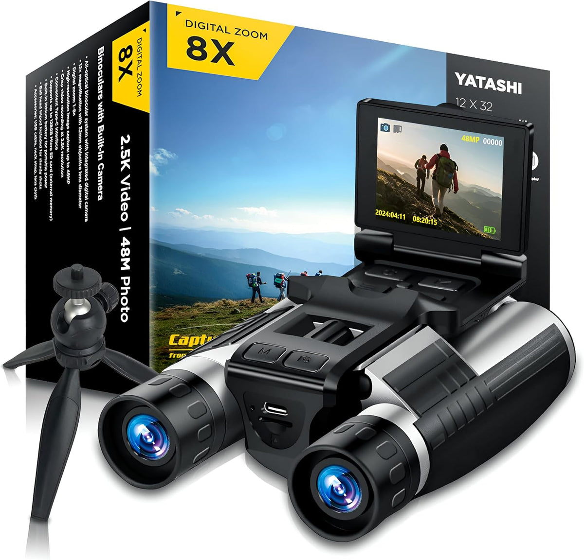 Binoculars with Camera Built in – 12x32 HD Zoom, 2" LCD Display, 48MP Photos & 2.5K Video, Ideal for Bird Watching, Concerts & Outdoor Adventures, Includes 32GB SD Card & Tripod
