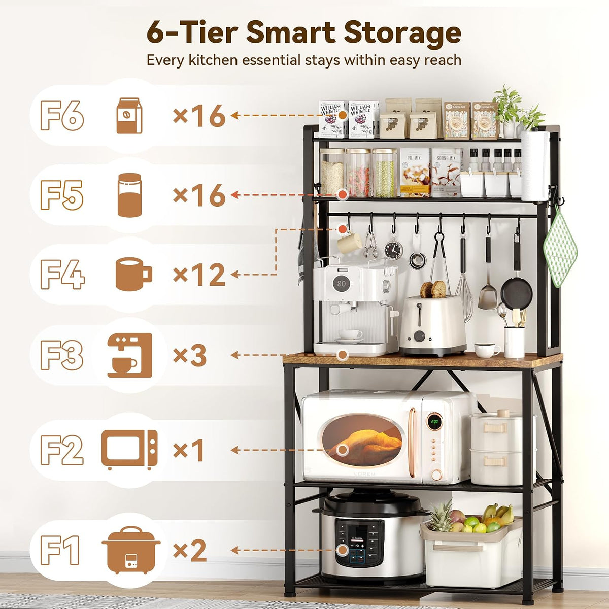 YASONIC Coffee Bar, Bakers Rack with Storage, 25.6 Inches Microwave Stand, 5 Tier Kitchen Shelves Appliance Storage, 12 S Hooks Large Coffee Station for Spices, Pots and Pans, Rustic Brown