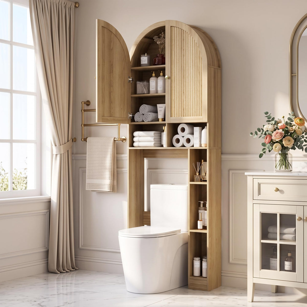 HMstone Over The Toilet Storage Cabinet, Arched Bathroom Organizer and Storage with Acrylic Doors and Adjustable Shelf, Space Saver Freestanding Bathroom Modern Storage Cabinet Over Toilet Dark Brown