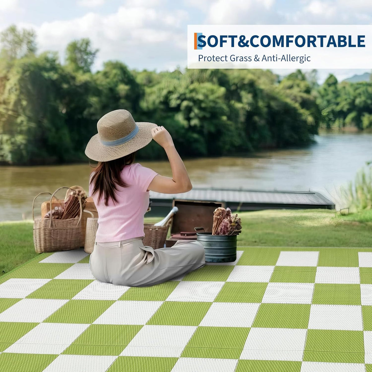 9 * 18ft Checkerboard Outdoor Rug, Reversible Woven Plastic Straw Patio Mat, Portable Floor Mat, Checkered Camping Carpet with Corner Loops for RV, Deck, Picnic, Balcony, Green & White