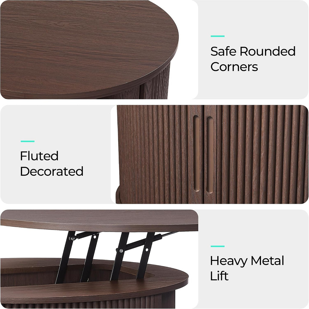 LINSY Lift Top Coffee Table, Round Fluted Coffee Table with Storage, Mid Century Modern Wooden Coffee Tables with Sliding Tambour Door, 31.5" Center Table for Living Room, Office, Small Space, Walnut
