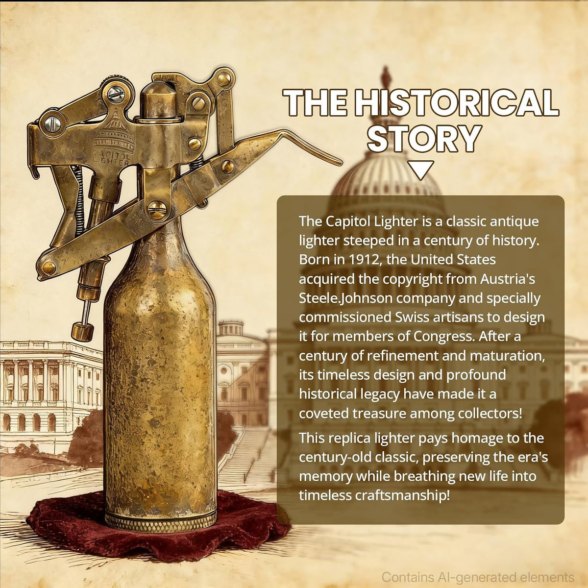 The Capitol Lighter, Vintage Trench Lighter Antique Kerosene Fluid Refillable Copper Lighters, Replica Classic Unique Table Lighters Collection Gift for Man Dad (Fuel Not Included)