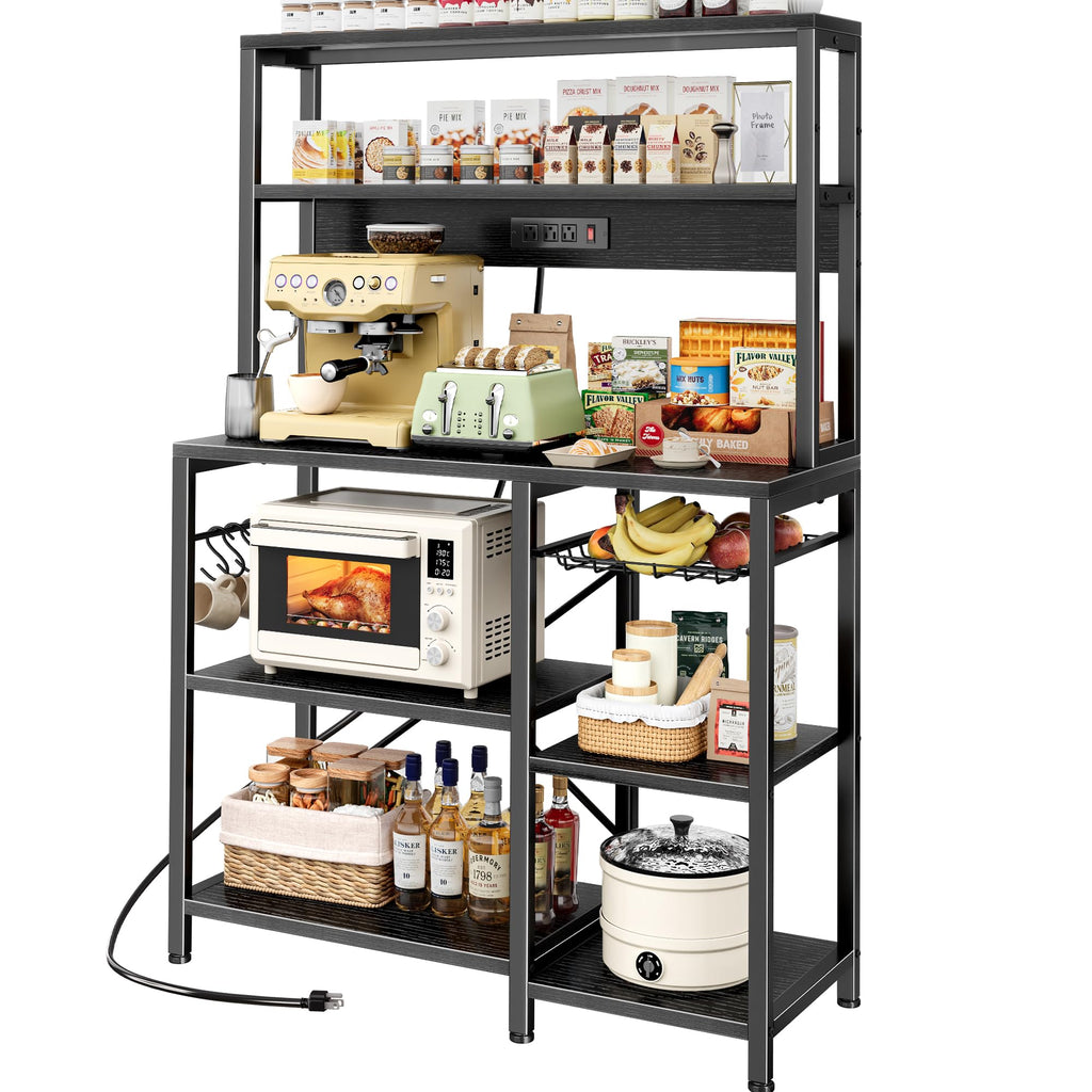 SUPERJARE Bakers Rack with Power Outlet, 35.4 Inches Coffee Bar with Basket