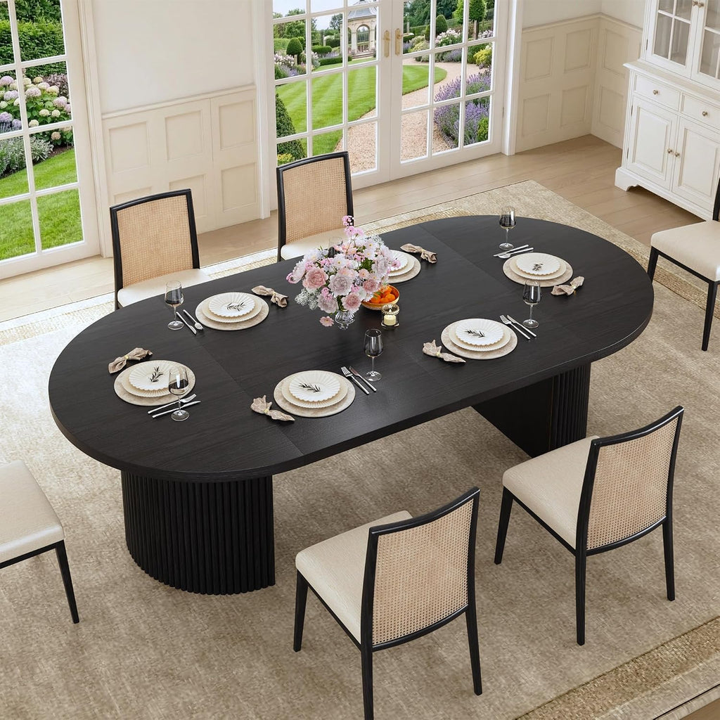 HUAHUU Extendable Round Dining Table for 4-8, 39in-77in Long Large Kitchen Table with Fluted Base, Space Saving Modern Farmhouse Oval Dinner Tables for Dining Room, Kitchen, Living Room, Black