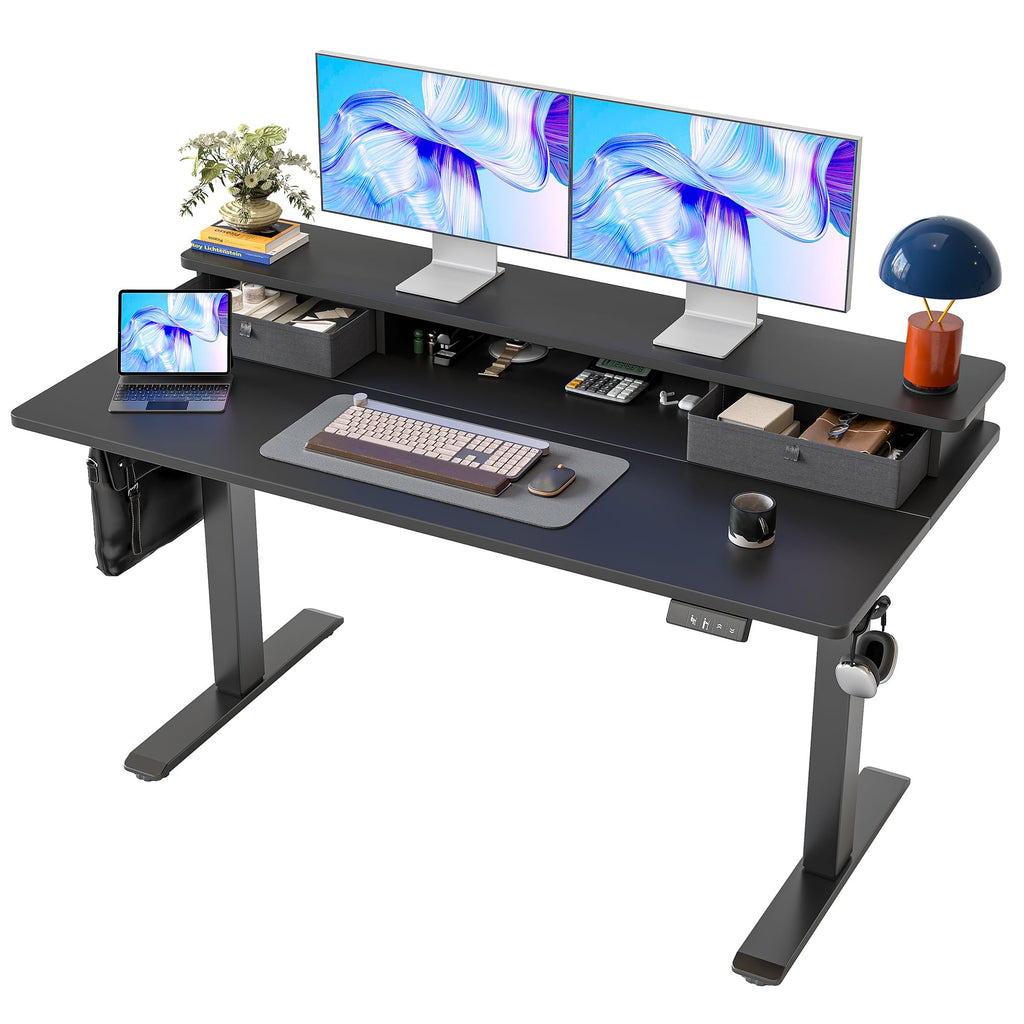 TIQLAB Standing Desk with Two Drawers, Stand Up Standing Desk Adjustable Height, Electric Sit Stand Table with Storage Shelf and Splice Board, with LED Light, 55 * 28 inch, Maple