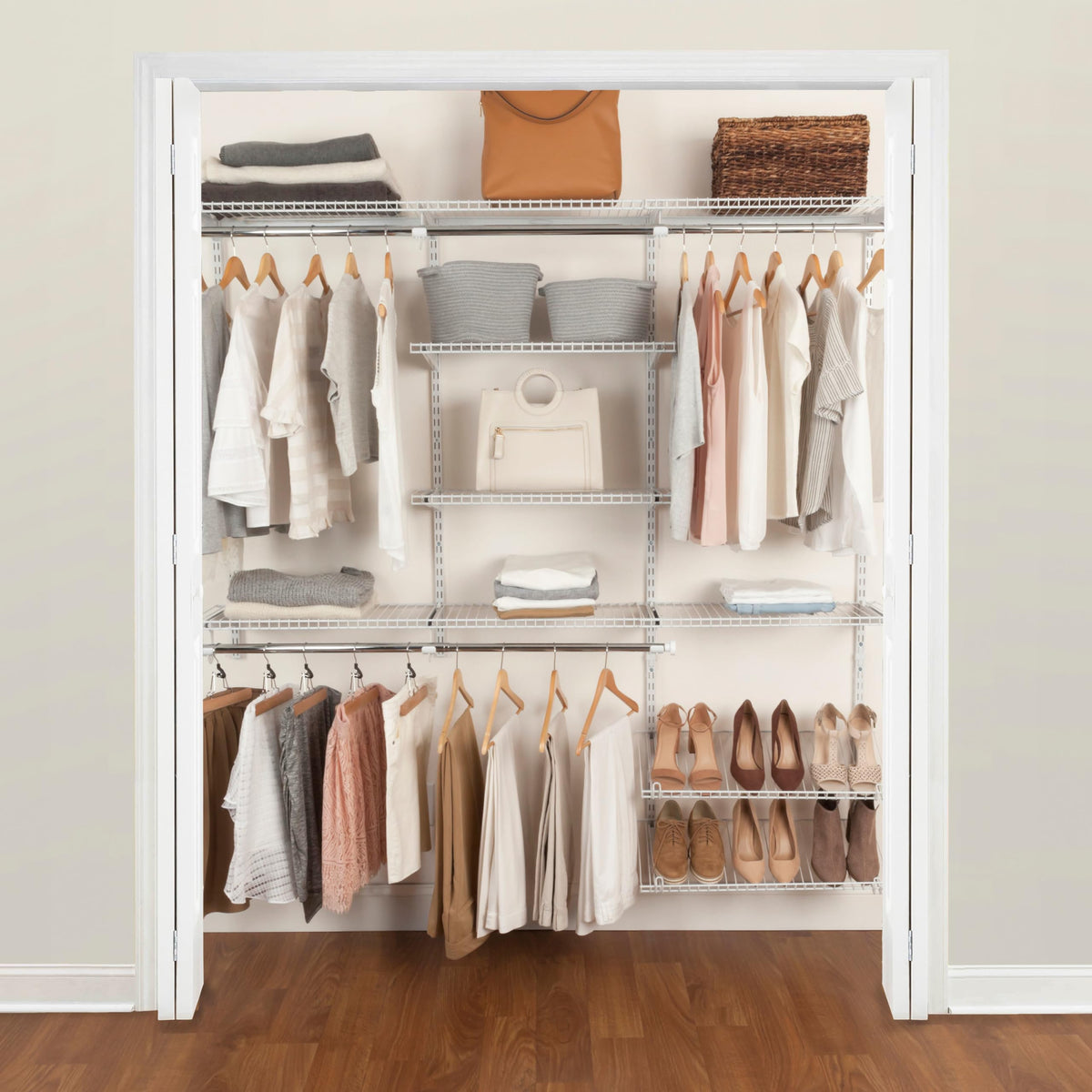 Rubbermaid Configurations Custom Closet Kit 4-8 Ft. Adjustable Metal Wire Shelving White Finish Expandable Organization System Hardware Included for Home Closet/Pantry/Laundry/Mudroom