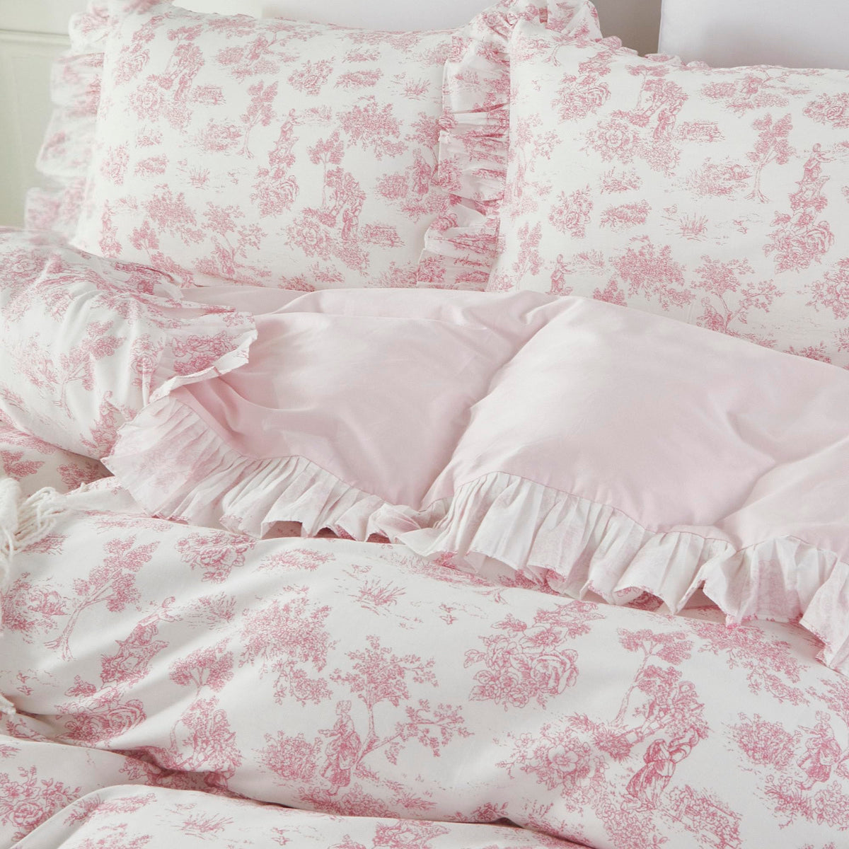 Brandream French Country Toile Queen Duvet Cover Set for Girl Women Bedroom Vintage Pink Toile Floral Print 100% Cotton Duvet Quilt Comforter Cover Pillow Shams Set with Delicate Ruffle Fringe