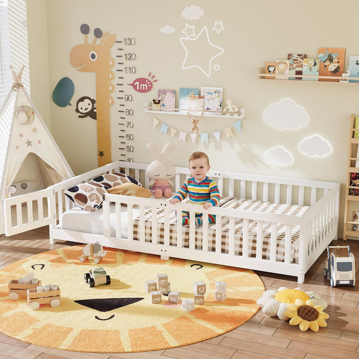Gizoon Twin Montessori Floor Bed for Toddlers Floor Bed Frame, White