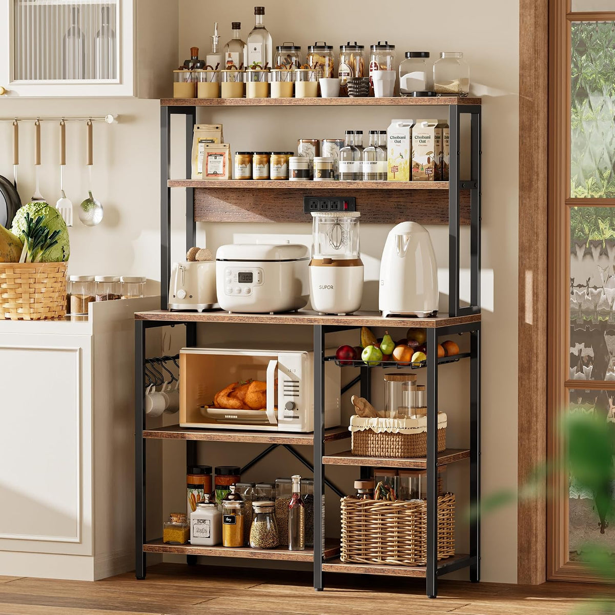 SUPERJARE Bakers Rack with Power Outlet, 35.4 Inches Coffee Bar with Basket