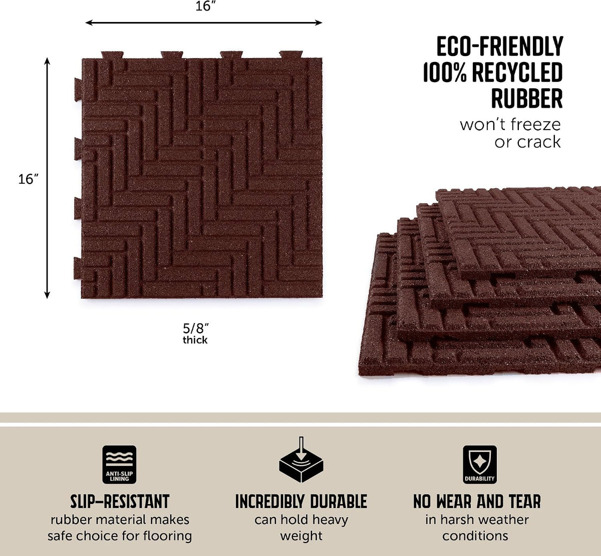 Playsafer Herringbone Rubber Interlocking Tiles | 16 X 16 | Easy Install for Indoor and Outdoor Use (Red, 20 Tiles)
