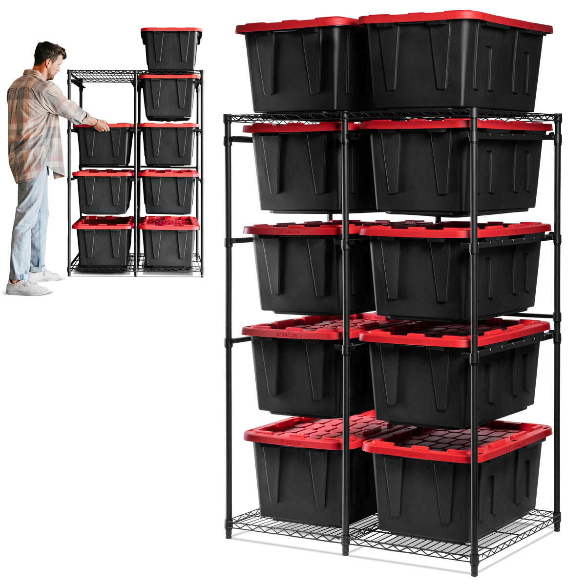 CleverMade 27 Gallon Tote Storage Rack, 10-Bin Double Tower, 500 lb, Black