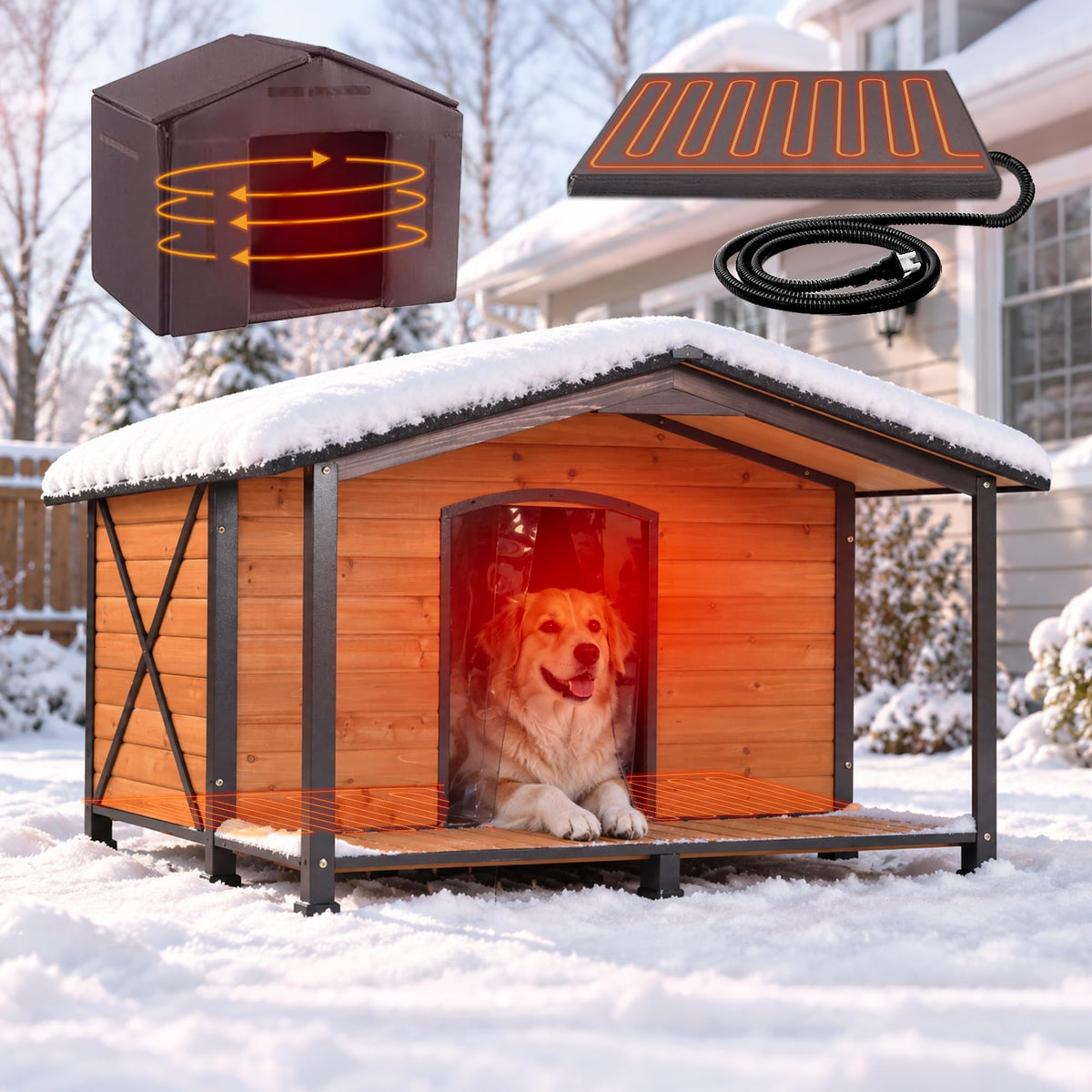 Extra Large Heated Dog House Outdoor with Full Iron Frame and Covered Porch
