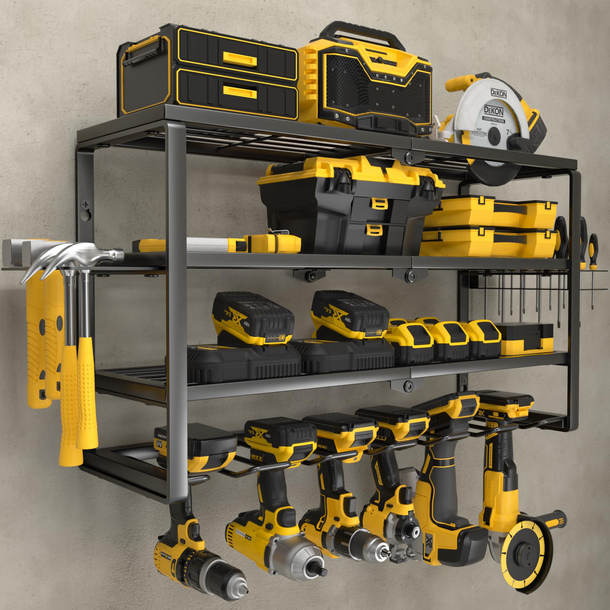 YYR Large Power Tool Organizer Wall Mount, Heavy Duty Metal Cordless Drill Storage Rack with Battery Charging Station Shelf, Utility Racks for Garage Organization, 4 Layer 10 Drills Holder Extra Tall
