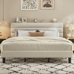Fluest King Size Bed Frame, Platform Bed Frame with Velvet Upholstered Headboard, No Box Spring Needed, Sturdy Metal Support, Noise Free, Easy Assembly, Beige
