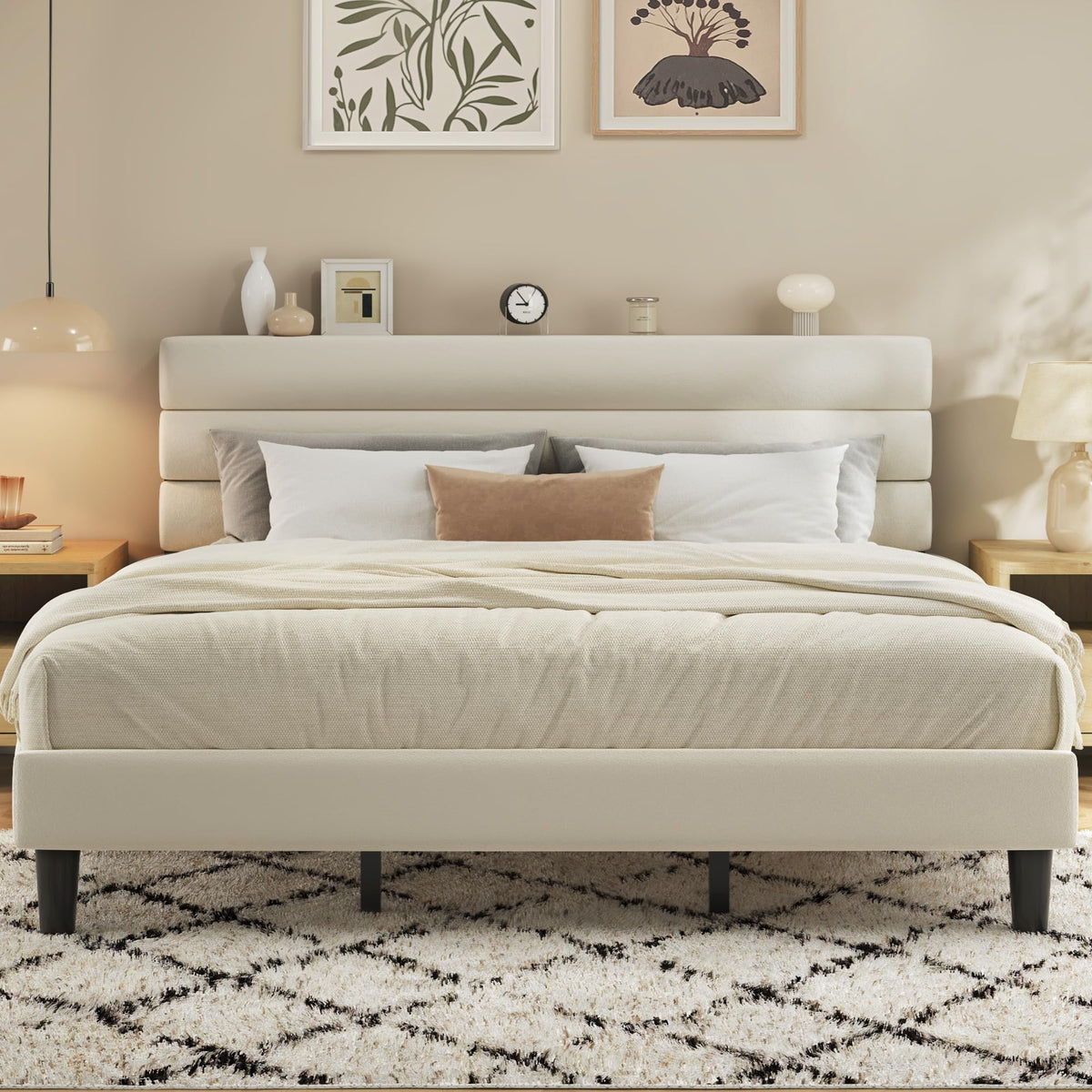 Fluest Queen Bed Frame, Platform Bed Frame with Velvet Upholstered Headboard, No Box Spring Needed, Sturdy Metal Support, Noise Free, Easy Assembly, Modern Bedroom Furniture, Beige
