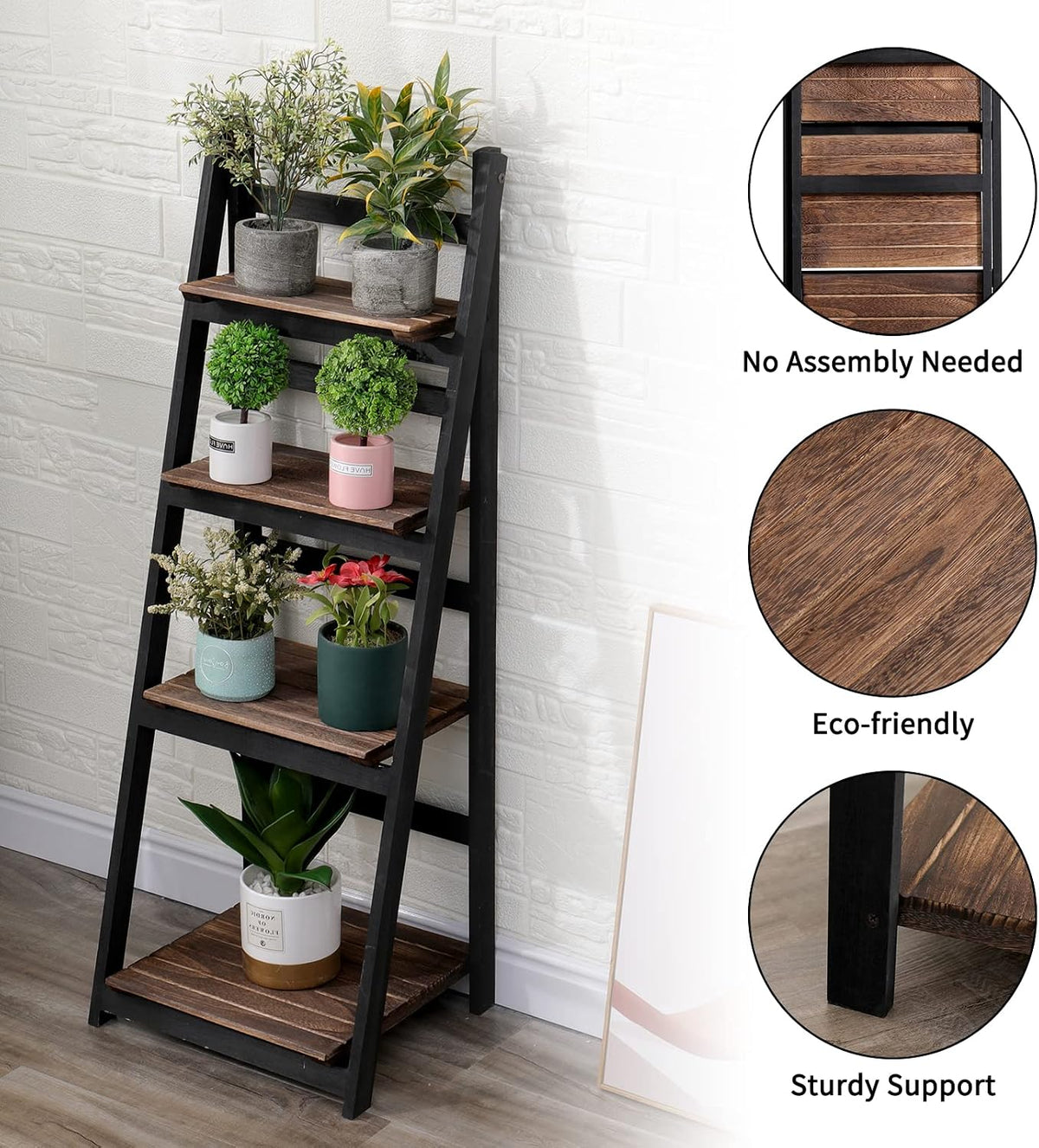 ACEHOME 4 Tier Ladder Shelf, Home Office Ladder Bookshelf 45.7 Inch, Solid Wood Bookcase, Freestanding Storage Organizer Rack, Industrial Shelf with for Bedroom, Living Room, Home Office-Black+Brown
