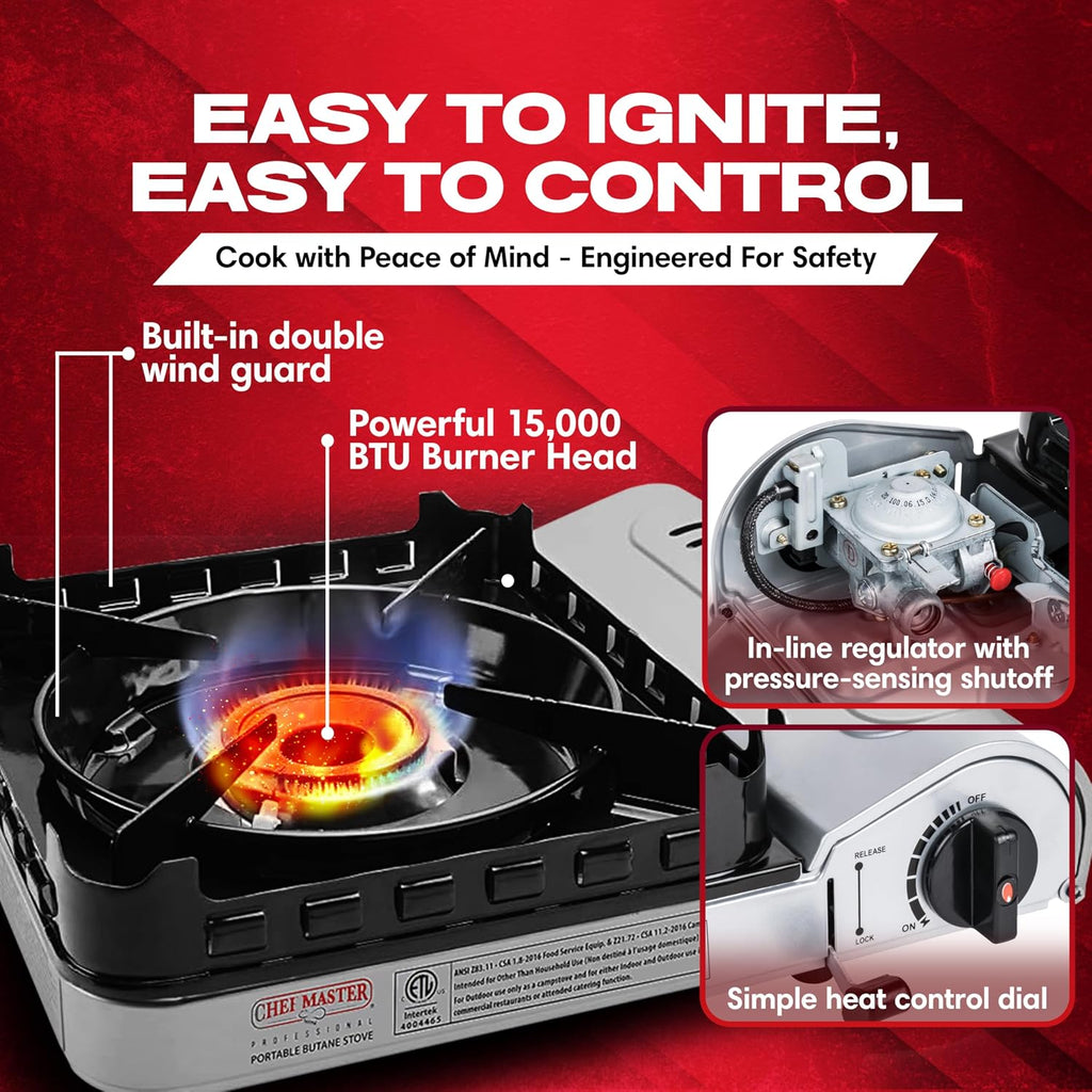 Chef Master Butane Camping Stove + 4x 8 oz Fuel, Backpacking, 15,000 BTU