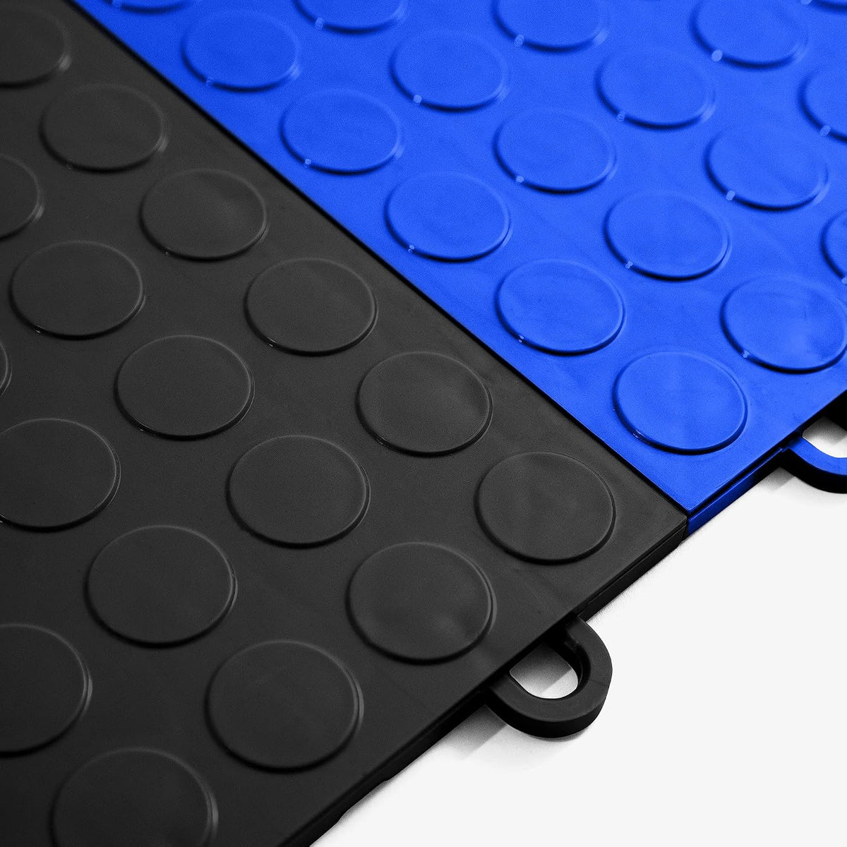 IncStores ⅜ Inch Thick Nitro Interlocking Garage Floor Tiles | Plastic Floor Tile Set for Parking, Protecting, and Displaying Motorcycles | 12"x12" Tiles, Coin, Black/Shelby Blue