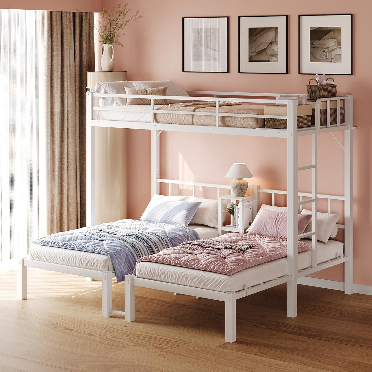 Bonnlo Bunk Bed Twin Over Twin for Kids/Teens/Adults Heavy Duty 2 Decker Bed with Flat Ladder and 13 inches High Guardrail, Metal Space Saver Bed with Stairs, Black
