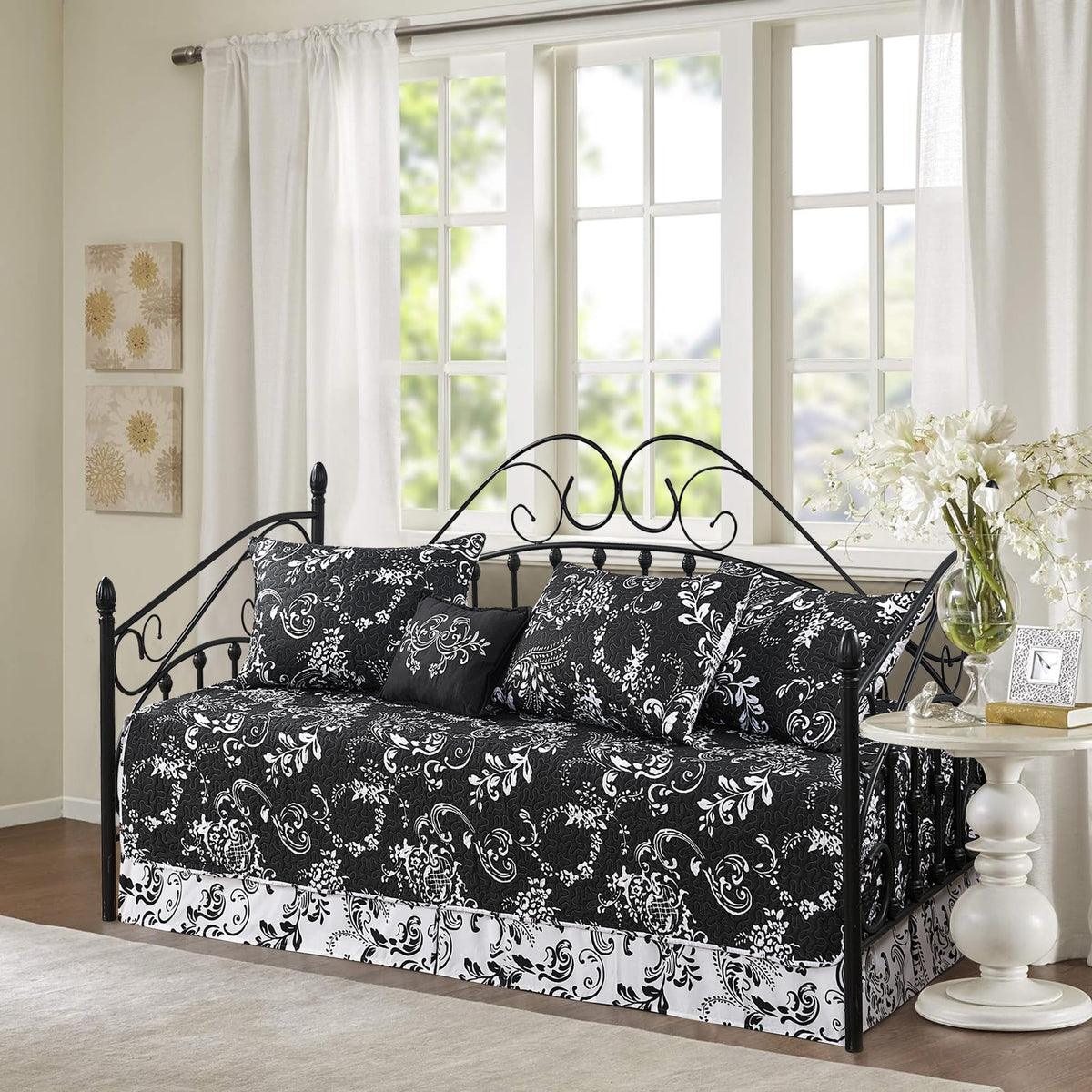 5-Piece Quilted Microfiber Daybed Cover Set with Floral Embroidery, All Season Luxurious Bedding with Matching Shams and Bed Skirt, 75"x39", Pink Flower