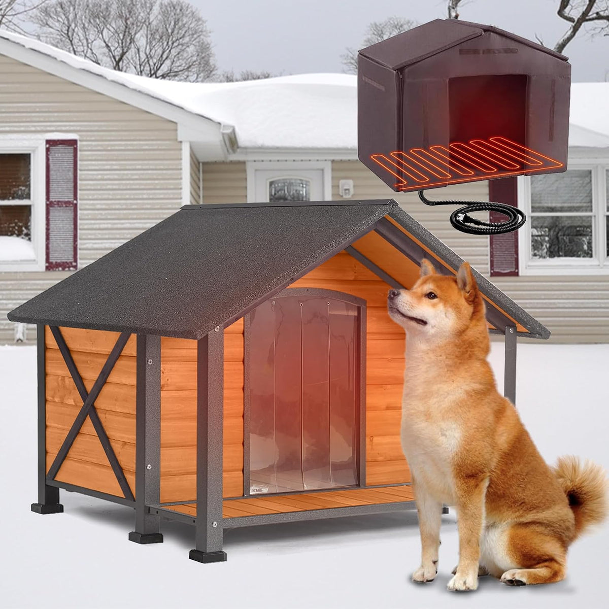 Heated Dog House, Outdoor Dog House Insulated for Winter with Heating Pad, Weatherproof Wooden Dog Kennel with Porch, Iron Frame, Asphalt Roof & Removable Floor