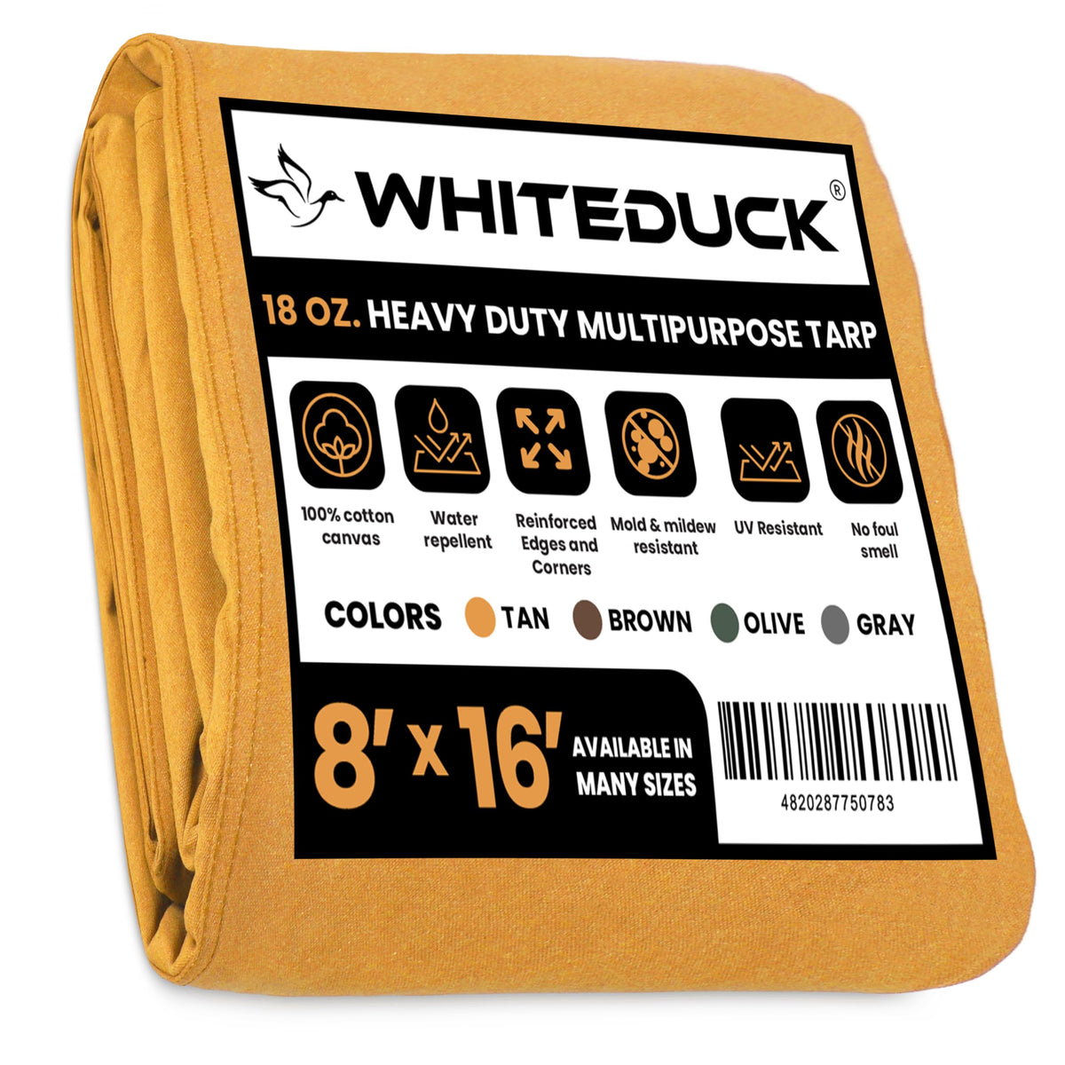 WHITEDUCK Canvas Tarp 18 oz. Heavy Duty Water Repellent UV Resistant, Rustproof Grommets, Industrial & Commercial Use Cloth Tarp (Cut Size: 8'x12', Finished Size: 7'6"x11'6", Olive Drab)