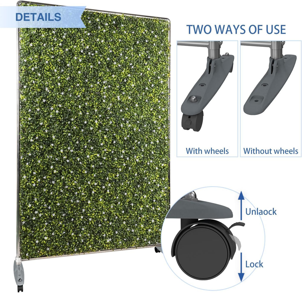 E&K H40xW60 inches Movable Privacy Hedge Fence Artificial Faux Grass Room Space Divider Boxwood Backdrops Stand Decor with Wheels