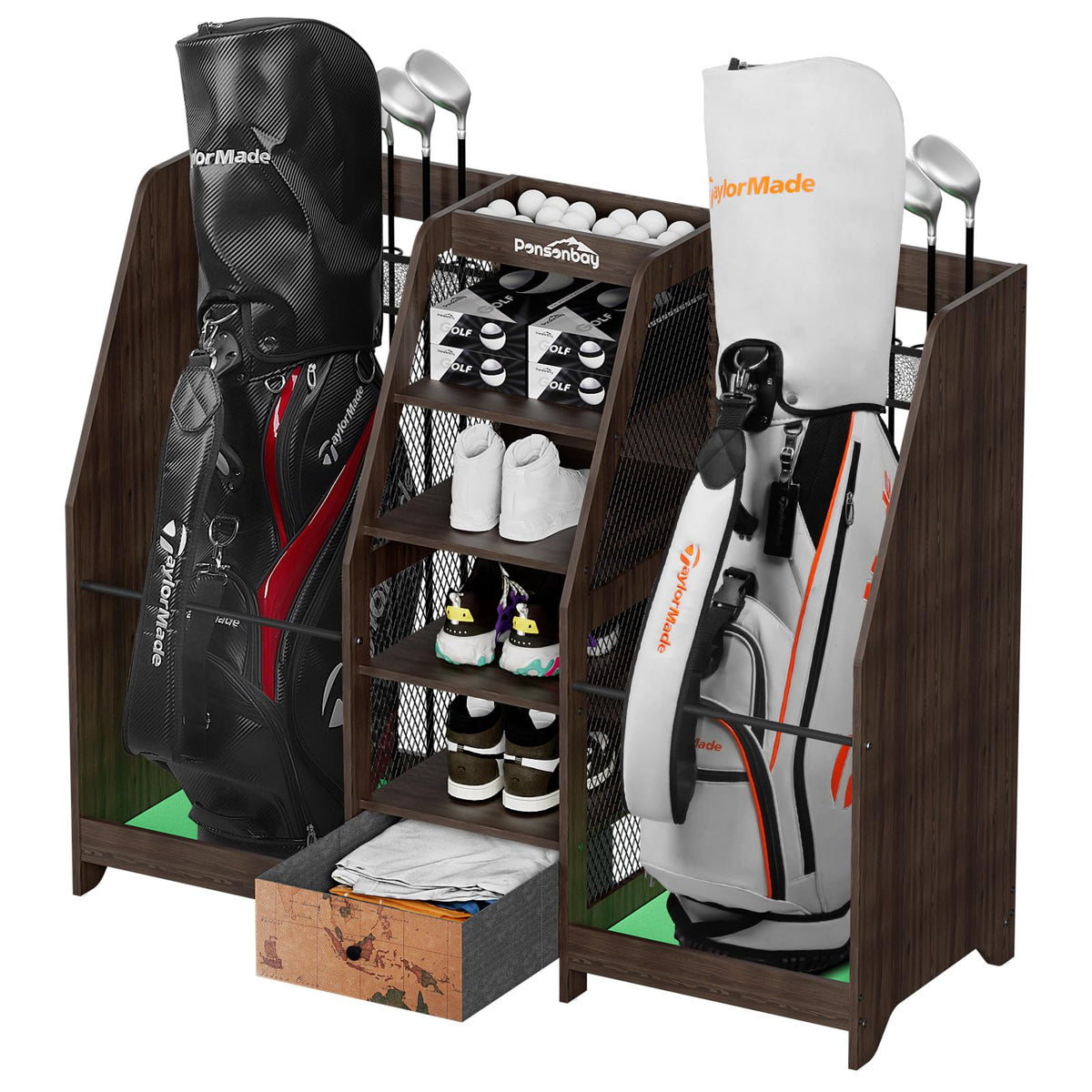 Golf Bag Storage Organizer Holds 2 Golf Bags for Garage - Wooden Rack