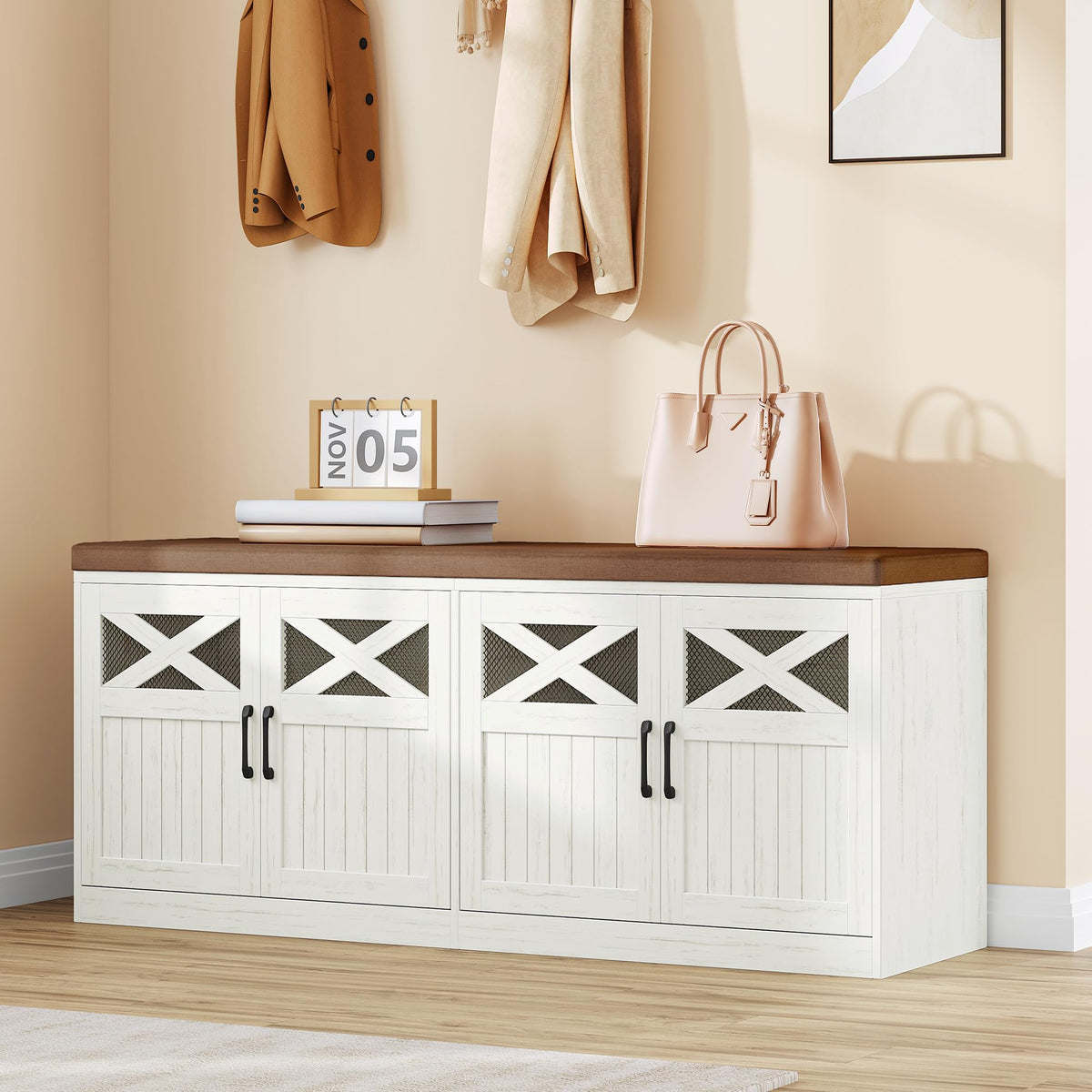 Hzuaneri 59" Shoe Storage Bench with 4 Barn Doors & Padded Seat Cushion