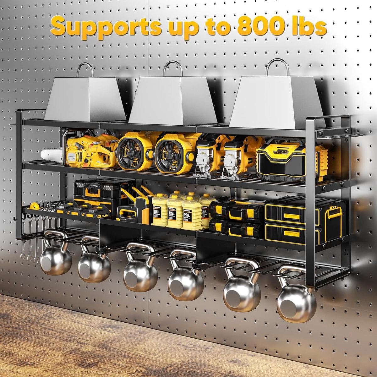 POKIPO Power Tool Organizer Wall Mount with Charging Station, 4 Tier Tool Battery Storage Rack Built in 8 Outlet Power Strip for Garage, 49" W, Black