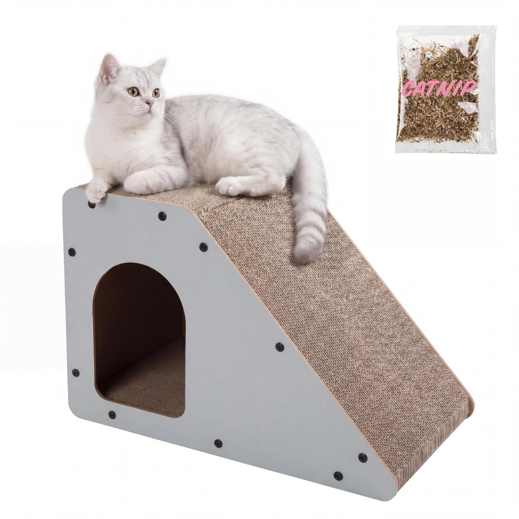 Kento 23.63" Modern Cardboard Cat Cave Scratcher with Catnip, Angled Trapezoid Hideaway House and Scratching Lounge for Indoor Cats, Heart Pattern CSR1008C