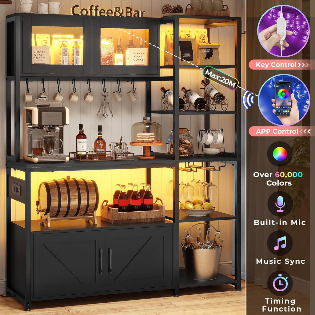 Itaar Bakers Rack with Power Outlet and LED Light, 45.3 Inch Farmhouse Coffee Bar Cabinet, Kitchen Microwave Stand with Storage, Glass Cabinet, Goblet Holder and 8 Hooks, Black