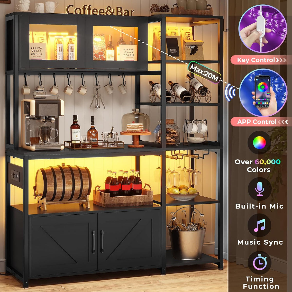 Itaar Bakers Rack with Power Outlet and LED Light, 45.3 Inch Farmhouse Coffee Bar Cabinet, Kitchen Microwave Stand with Storage, Glass Cabinet, Goblet Holder and 8 Hooks, Black