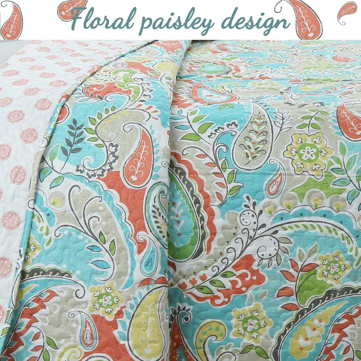 Cozy Line Home Fashions Turquoise Blue Coral Floral Leaf Reversible Quilt Bedding Set, Coverlet Bedspread Lightweight for All Seasons (Mirage Paisley, King - 6 Piece)