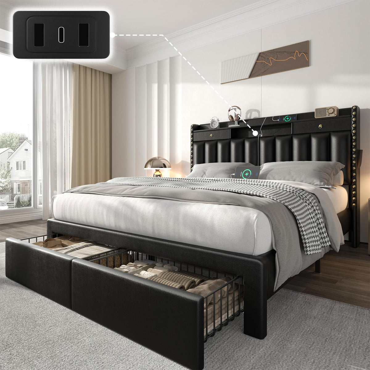 CypBed King Size Bed Frame with Headboard & 4-Storage Drawers, Upholstered