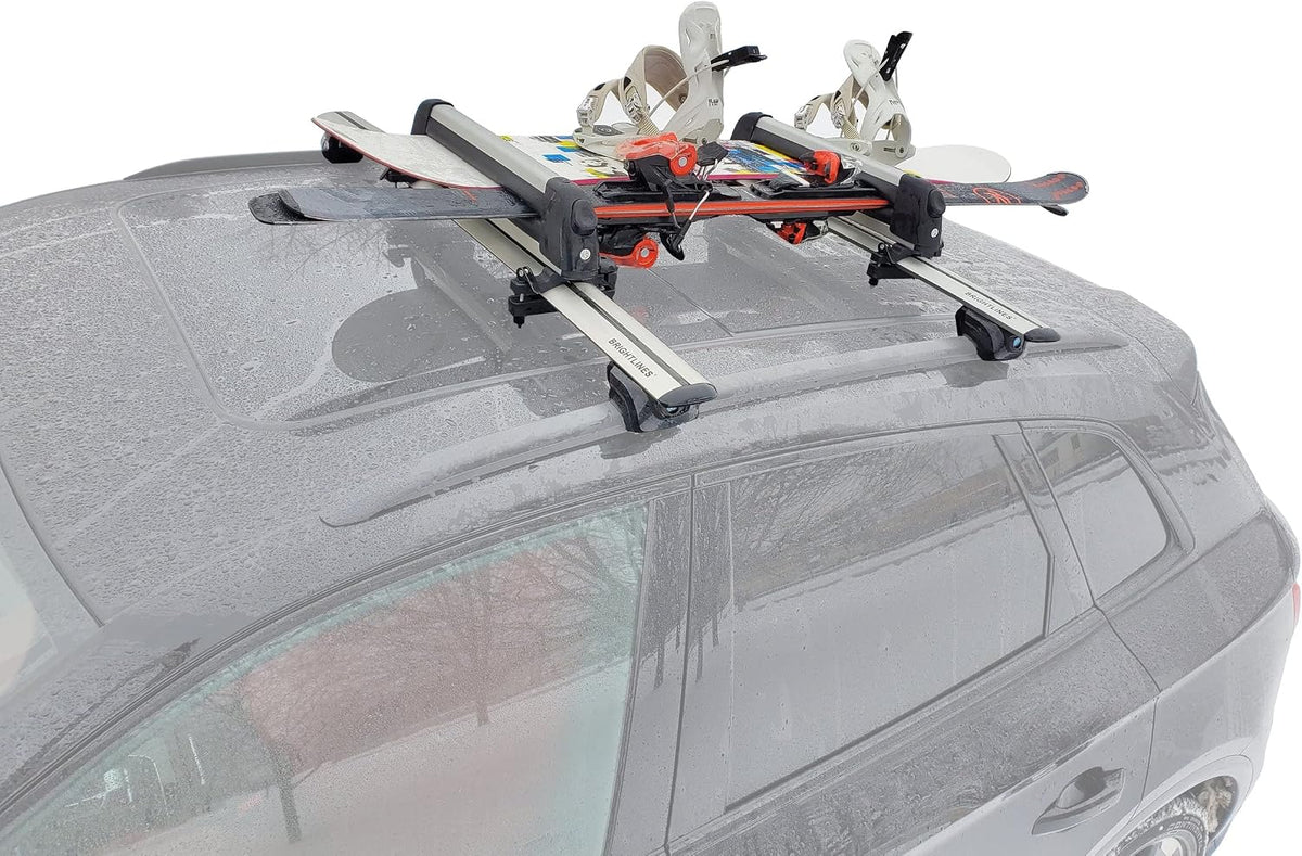 BRIGHTLINES Improved Universal Ski Snowboard Racks Carriers 2pcs Mount on Vehicle top Cross Bars (Up to 4 Skis or 2 Snowboards)