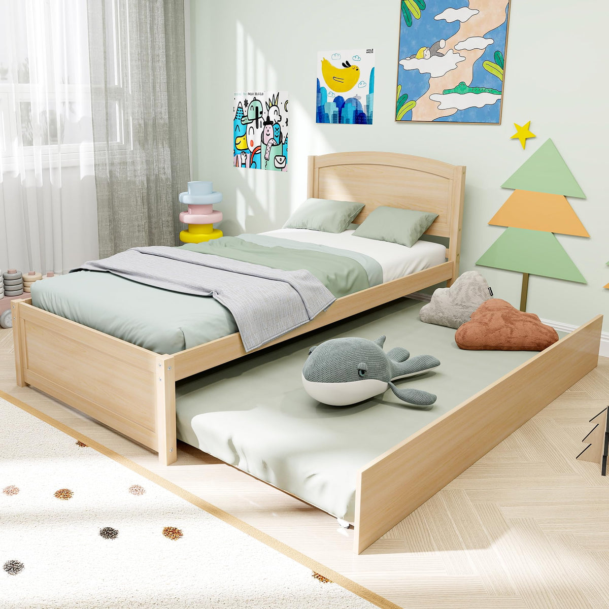 Twin Trundle Bed, Solid Wooden Pull Out Bedframe, Extendable Day Bed with Headboard and Soild Wood Slats Support, Bedroom, Living Room, Guest Room, No Box Spring Needed (White)