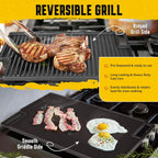 HeroFiber Cast Iron Reversible Grill/Griddle Set with Press, Scraper & Mitts - Pre-Seasoned, Non-Stick - 16.75"" x 9.5"" - Gas Stove, Grill, Camping, Outdoors, Black, OG7-18