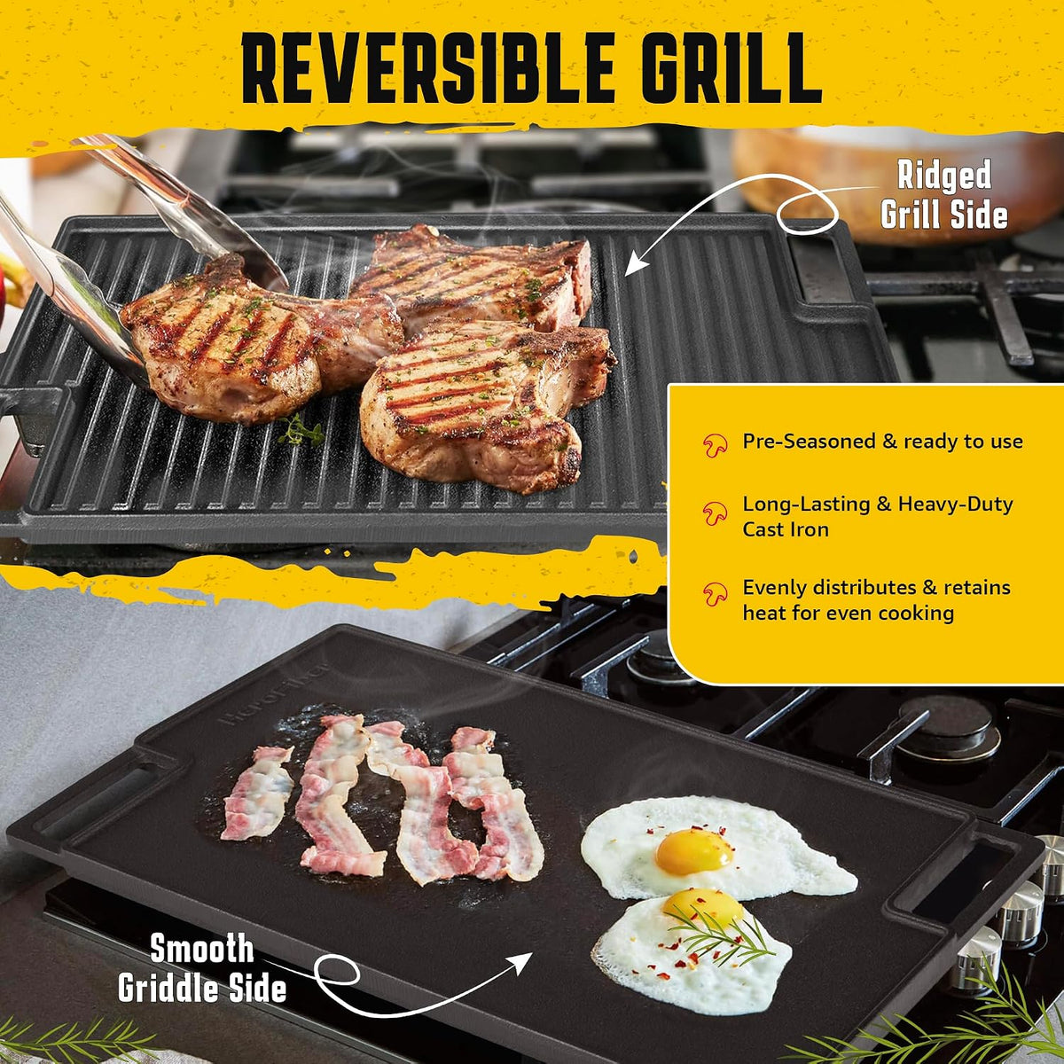 HeroFiber Cast Iron Reversible Grill/Griddle Set with Press, Scraper & Mitts - Pre-Seasoned, Non-Stick - 16.75"" x 9.5"" - Gas Stove, Grill, Camping, Outdoors, Black, OG7-18